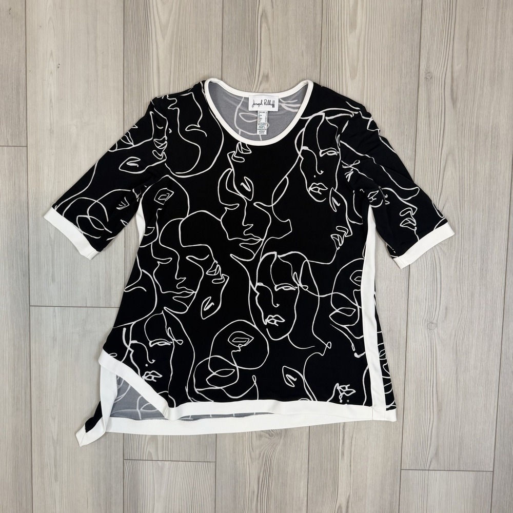 JOSEPH RIBKOFF Abstract Print Top Asymmetric Black White Knit Size US 8 Artsy